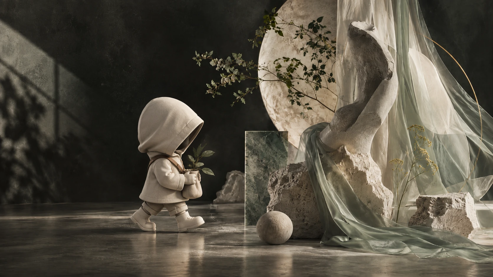 A small sculptural figure walking through stone, translucent fabric and organic forms
